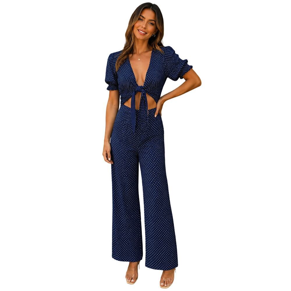 Leith navy blue polka dot pantsuit w/ tie front cut out belly sz XS NWOT summer